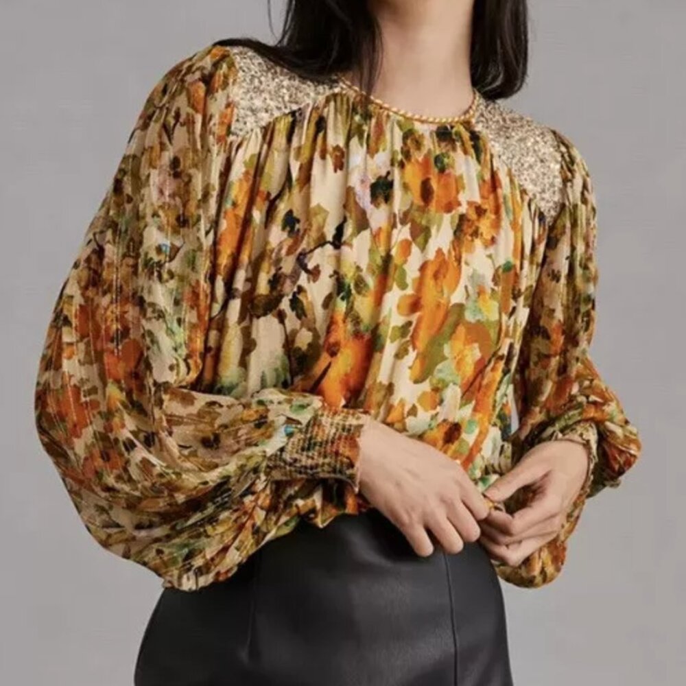 Anthropologie Autumn Floral Blouse - Orange and Green